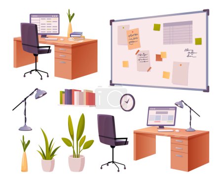 Illustration for Furniture and decor for office interior, isolated whiteboard and desk with computer. Laptop and books, table lamp and clock, plants. Vector in flat style - Royalty Free Image