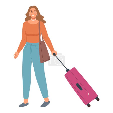 Téléchargez les illustrations : Female character walking with luggage, isolated smiling woman smiling going on vacation or trip. Lady with personal belongings in hands. Vector in flat style - en licence libre de droit