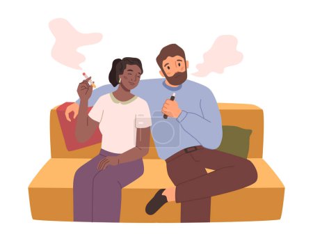 Téléchargez les illustrations : Man and woman smoking electronic cigarettes and cigar. People with bad habit or addiction to nicotine. Male and female characters. Vector in flat style - en licence libre de droit