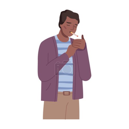 Ilustración de Male character lighting up cigarette smoking man. Isolated smoker with the bad habit on break. Personage guy wearing casual clothes. Vector in flat style - Imagen libre de derechos