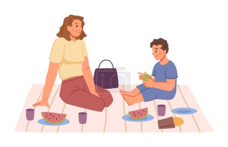 Téléchargez les illustrations : Family recreation outdoors, isolated mother and son sitting on blanket on picnic. Mom and kid eating watermelon and drinking juice, summer weekend. Vector in flat style - en licence libre de droit