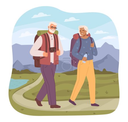 Ilustración de Grandmother and grandfather hiking with backpacks. Senior people leading active lifestyle, hobbies and leisure of pensioners outdoors. Vector in flat style - Imagen libre de derechos