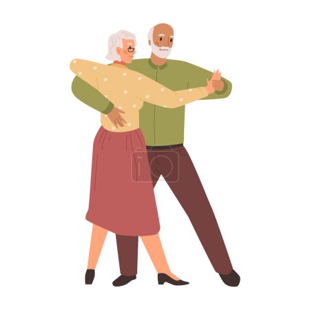 Illustration for Active grandmother and grandfather dancing, isolated senior man and woman practicing dance movements in pair. Elderly characters leisure and hobby. Vector in flat style - Royalty Free Image