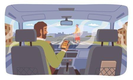 Téléchargez les illustrations : Driver distracted in car looking at smartphone screen do not pay attention to road with pedestrian. Unsafe trip, dangerous traffic. Vector granny on road in flat style - en licence libre de droit