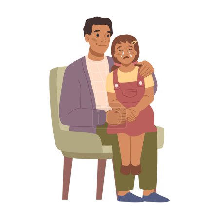 Ilustración de Father comforting and calming down crying daughter child sitting on laps. Isolated parent taking care of kid, dad quieten infant. Vector in flat style - Imagen libre de derechos