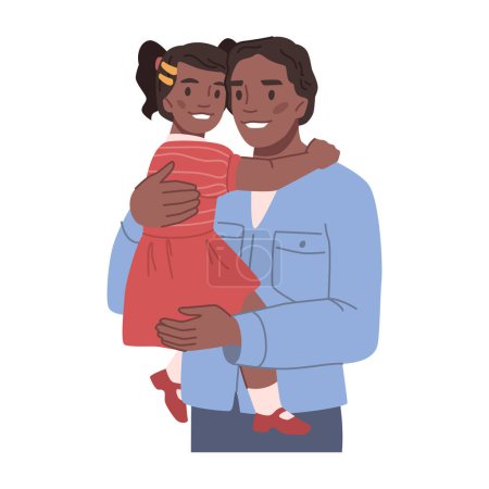 Illustration for Father hugging daughter, holding kid on hands and smiling. Happy family members cuddling and bonding. Warm relationships between afro american child and parent. Vector in flat style - Royalty Free Image