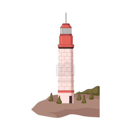 Illustration for Beacon or lighthouse by shore. Isolated construction searchlight for ship guidance and navigation during storm and voyages, architecture. Vector in flat style - Royalty Free Image