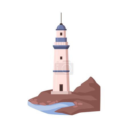 Ilustración de Lighthouse tower construction by seaside shore. Isolated searchlight helping ships and vessels to navigate. Guidance in sea or ocean. Vector in flat style - Imagen libre de derechos