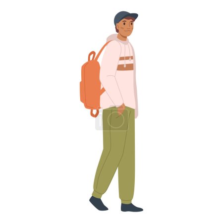 Téléchargez les illustrations : Young male character walking and carrying backpack on shoulder. Isolated man in baseball cap, student going to school or university. Vector in flat style - en licence libre de droit