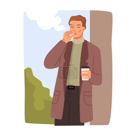 Ilustración de Smoking man standing outdoors drinking coffee from plastic cup. Male character outside having break, personage with hot drink and cigarette. Vector in flat style - Imagen libre de derechos