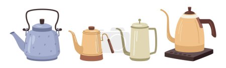 Téléchargez les illustrations : Café ou thé, bouilloires isolées et casseroles pour préparer des boissons savoureuses et aromatiques. Café ou magasin servant des boissons avec de la caféine. Vecteur en style plat - en licence libre de droit
