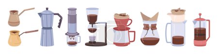 Illustration for Cezve and dripping filter machines for brewing coffee beverages. Isolated equipment and appliances for making coffee and tea drink. Cafe or home recipe. Vector in flat style - Royalty Free Image