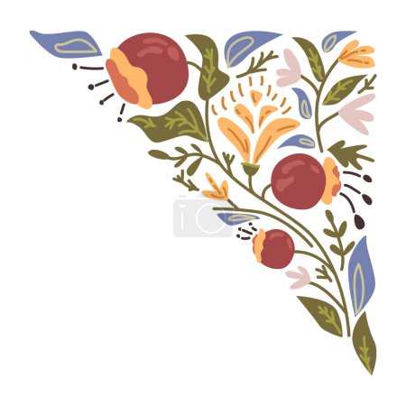 Ilustración de Rincón floreciente con flores y follaje, arbustos y ramitas con follaje. Patrón floral abstracto aislado con pétalos y flores silvestres. Vector en estilo plano - Imagen libre de derechos