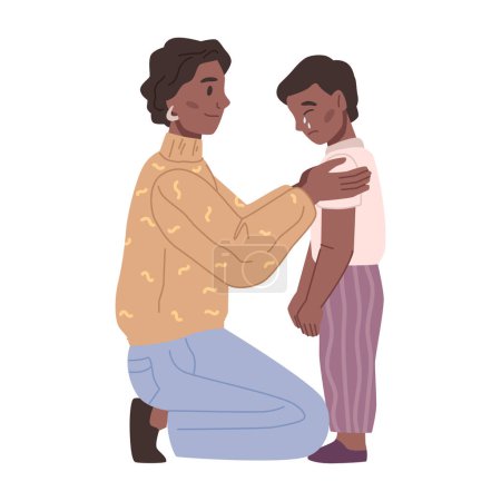 Téléchargez les illustrations : Mother hugging and comforting crying son. Isolated woman cuddling upset boy, calming down and cheering up child. Parent quieten preschooler. Vector in flat style - en licence libre de droit