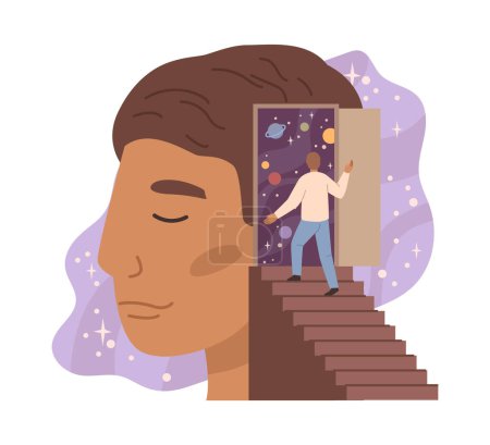 Illustration for Psychology therapy with professional help, isolated mental health care. Isolated head with door and stairs to subconscious of person. Vector in flat style - Royalty Free Image