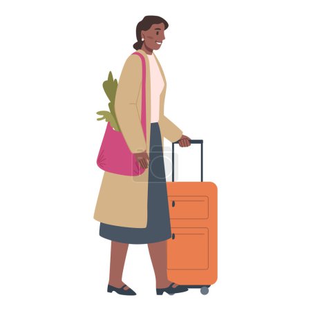 Téléchargez les illustrations : Female character with bags and baggage going on trip or vacation. Isolated traveling woman wearing long coat, heading to airport. Vector in flat style - en licence libre de droit