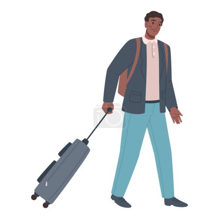 Illustration for Traveling or commuting male character, isolated man pulling luggage. Personal belongings in leather bag with handle and safety lock. Vector in flat style - Royalty Free Image