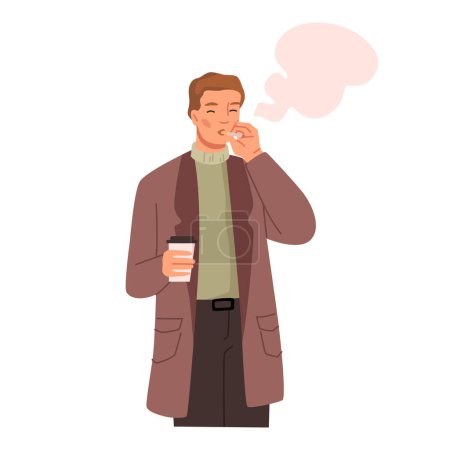 Ilustración de Hombre carácter fumar y beber café. Hombre aislado usando ropa de abrigo sosteniendo taza de plástico para llevar con cafeína, fumador. Vector en estilo plano - Imagen libre de derechos