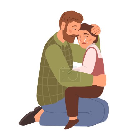 Illustration for Father comforting crying daughter, isolated dad cuddling upset girl kid with tears on cheeks. Parent taking care of child, cheering up. Vector in flat style - Royalty Free Image