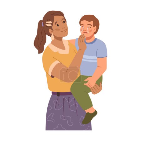 Illustration for Mother hugging and calming down crying son. Isolated mom holding child on hands wiping tears from cheeks. Parenting and comforting. Vector in flat style - Royalty Free Image