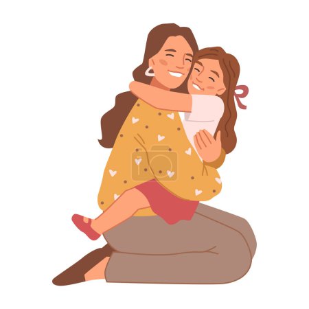 Illustration for Mom hugging daughter, isolated smiling mother cuddling kid. Happy family moments and bonding, cheerful people spending time together. Vector in flat style - Royalty Free Image