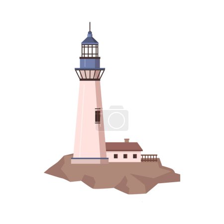 Illustration for Beacon by seaside or shore, isolated lighthouse construction. Tall tower with light signal for ships and vessels. Guidance and navigation. Vector in flat style - Royalty Free Image