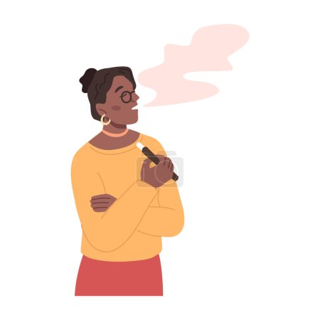Ilustración de Mujer vestida con ropa formal de pie y fumando cigarrillo electrónico. Mujer aislada haciendo vapores y humos. Mal hábito o adicción. Vector en estilo plano - Imagen libre de derechos
