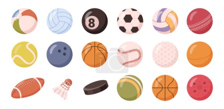 Illustration for Sports hobby, ball equipment for football, basketball and volleyball. Isolated icons of ball for tennis and rugby, cricket and bowling. Vector in flat style - Royalty Free Image