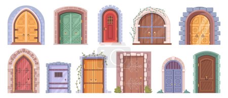 Illustration for Ancient doors of castle or historical buildings. Isolated architecture and exterior elements. Doors or entryway with crawling plants. Vector in flat style - Royalty Free Image