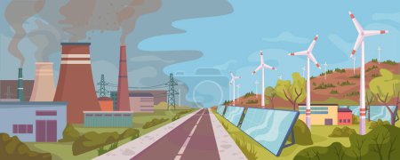 Illustration for Power plants vs alternative renewable sources of accumulation of energy. Factories with harmful smoke, wind turbines and solar panels. Vector in flat style - Royalty Free Image