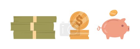 Illustration for Financial assets and money, wealth and economy. Isolated dollar banknotes and piggy bank with coins. Saving and earning. Flat cartoon, vector illustration - Royalty Free Image