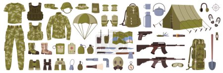 Ilustración de Clothes and weapons for soldiers, isolated military equipment. Tent and medicine, backpack and shovel, binoculars and boots. Flat cartoon, vector illustration - Imagen libre de derechos
