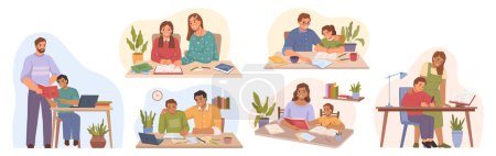 Illustration for Mom and dad helping children with homework tasks and assignments from school. Parenting and helping kids to study well. Flat cartoon, vector illustration - Royalty Free Image