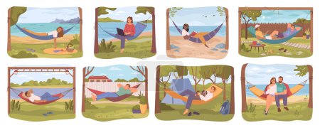 Illustration for People laying in hammock, enjoying weekends or holidays. Man and woman outside sleeping or reading, working on pc. Flat cartoon character, vector illustration - Royalty Free Image
