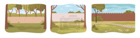 Ilustración de Garden or backyard with path and lawn, green grass and trees. Fence and property protection, home outside area for rest. Flat cartoon, vector illustration - Imagen libre de derechos
