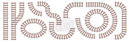 Illustration for Railway tracks, isolated parts and details of rail road or transport. Train transfer, wooden planks and fasteners connection. Flat cartoon, vector illustration - Royalty Free Image