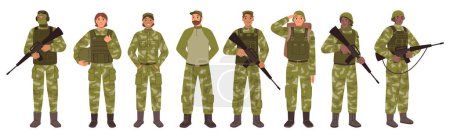 Illustration pour Service people, military men and women with guns wearing special clothes, fighters set. Soldier infantry in helmet and life vests. Flat cartoon, vector illustration - image libre de droit