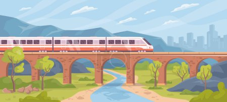 Illustration for Traveling by train through nature landscape. Old brick bridge and river, transportation and tourism. Means of commuting. Flat cartoon, vector illustration - Royalty Free Image