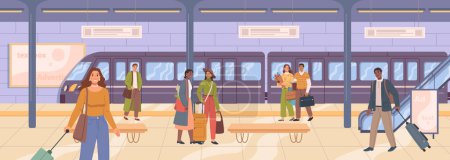 Téléchargez les illustrations : Passengers in railway station or metro subway. People with baggage waiting for train to arrive. Traveling and commuting. Flat cartoon, vector illustration - en licence libre de droit