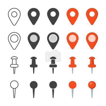 Ilustración de Punteros de navegación y localización, push pins e iconos de aplicación tradicionales para el diseño. Signos aislados para mapas. Línea plana estilo vector ilustración - Imagen libre de derechos