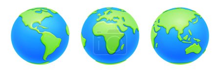Ilustración de Planet earth globes, geography and traveling. Isolated icons of worldwide view, landscape of lands and oceans, seas and continents. 3d style vector illustration - Imagen libre de derechos