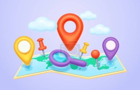 Téléchargez les illustrations : Location pointers on map, navigation and navigating on print maps. Destination and tools for search of place, magnifying glass. 3d style vector illustration - en licence libre de droit