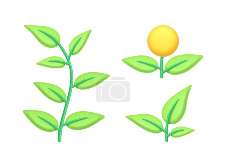 Illustration for Flower plant in blossom, isolated sprouts with foliage and stems. Greenery and ecology awareness, branches and twigs of flora. 3d style vector illustration - Royalty Free Image