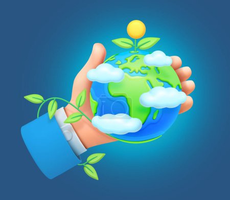 Illustration for Earth day, planet globe with spouts and blooming flower covered with clouds, in hand of person. Protection of nature and ecology awareness. 3d style vector illustration - Royalty Free Image