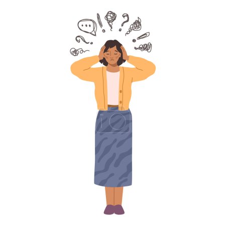 Illustration for Stressful and anxious person, isolated female character under stress or pressure. Worried or depressed woman with tangled thoughts. Vector in flat style - Royalty Free Image