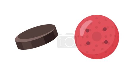 Illustration for Hockey sports game equipment, isolated puck and ball for playing. Hobby or professional training, exercising and physical education. Vector in flat style - Royalty Free Image