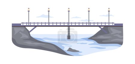 Illustration for Bridge between river banks or islands. Architectural construction with road for vehicles, connection between lands. Overpass across water. Vector in flat style - Royalty Free Image