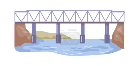Téléchargez les illustrations : Bridge between river banks, overpass with columns connecting land pieces. Overpass for cars and people, architecture infrastructure. Vector in flat style - en licence libre de droit