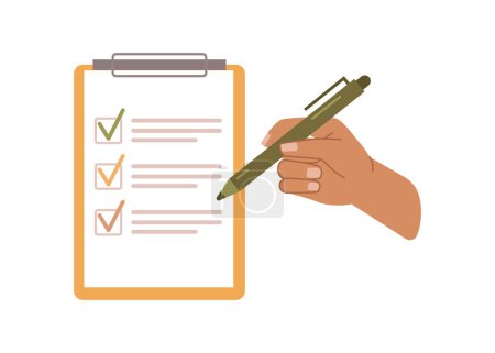 Illustration for Signing agreement or contract, isolated hand with pen reading and scrutinize information on document. Insurance policy and coverage. Vector in flat style - Royalty Free Image