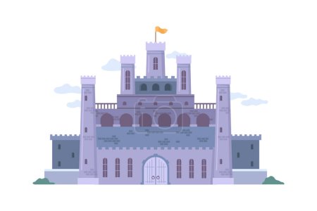 Ilustración de Fantasy or historical castle with towers and fortifications. Isolated citadel or keep, old architecture and sights in city, stronghold. Vector in flat style - Imagen libre de derechos